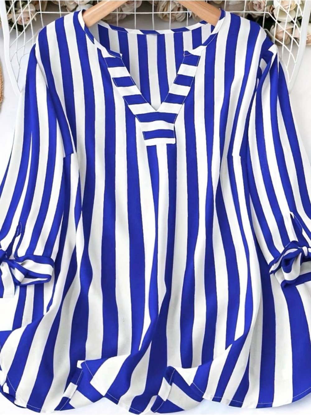 Women's Blue and White Vertical Stripe V-Notch Tunic
